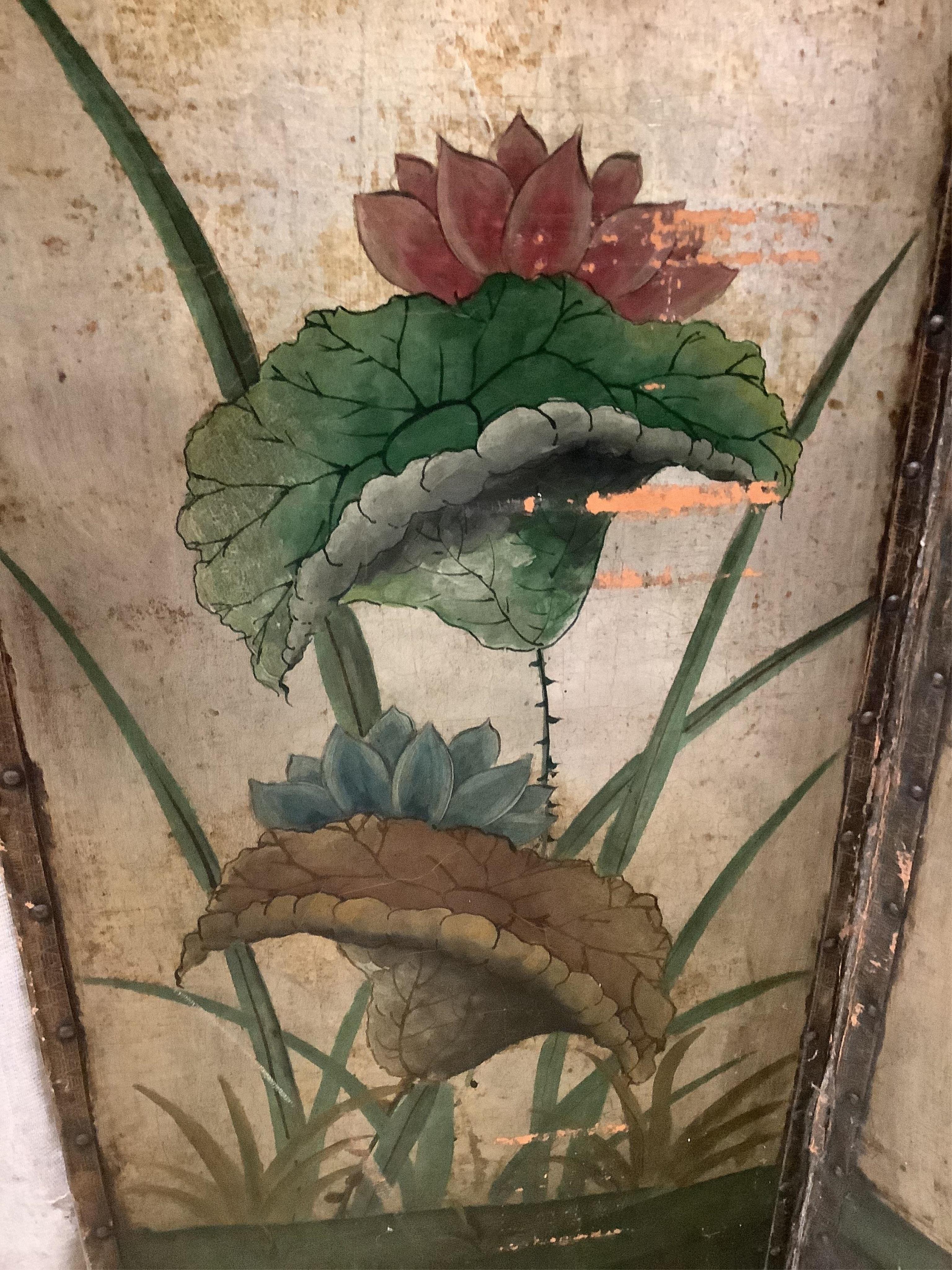 A four fold chinoiserie dressing screen, each panel, width 43cm, height 175cm. Condition - fair